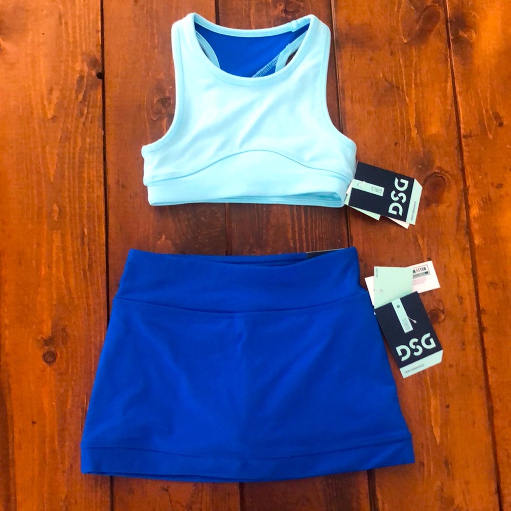 Girls blue skort and matching girls sports bra. New with tags!